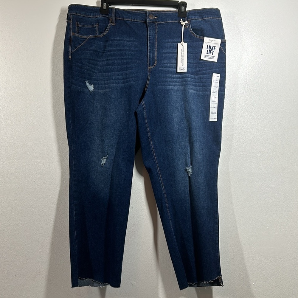 Code Bleu High Rise Straight Ankle Jean Stretch Distressed Raw Hem Dark Wash 20W